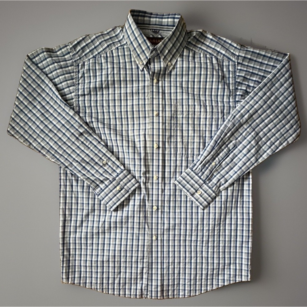 Ariat Pro Series Long Sleeve Button Down Shirt Blue Plaid Logo Medium JBHS
